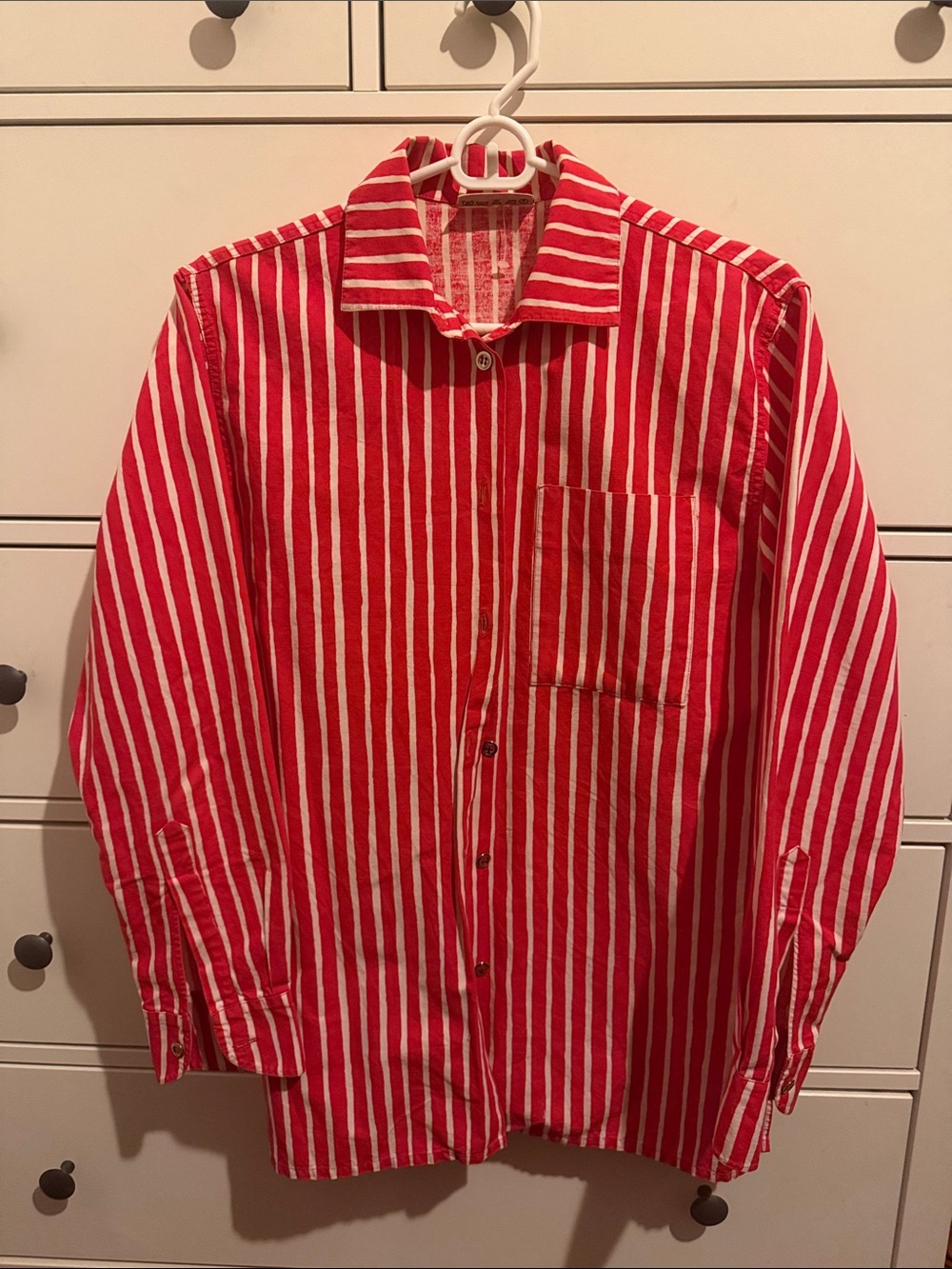 Red and White Marimekko Striped Button-Up Shirt
